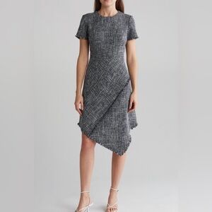 NWT Eliza J Tweed Fringe Dress | Black White Navy | Size 4 | Chic Classic